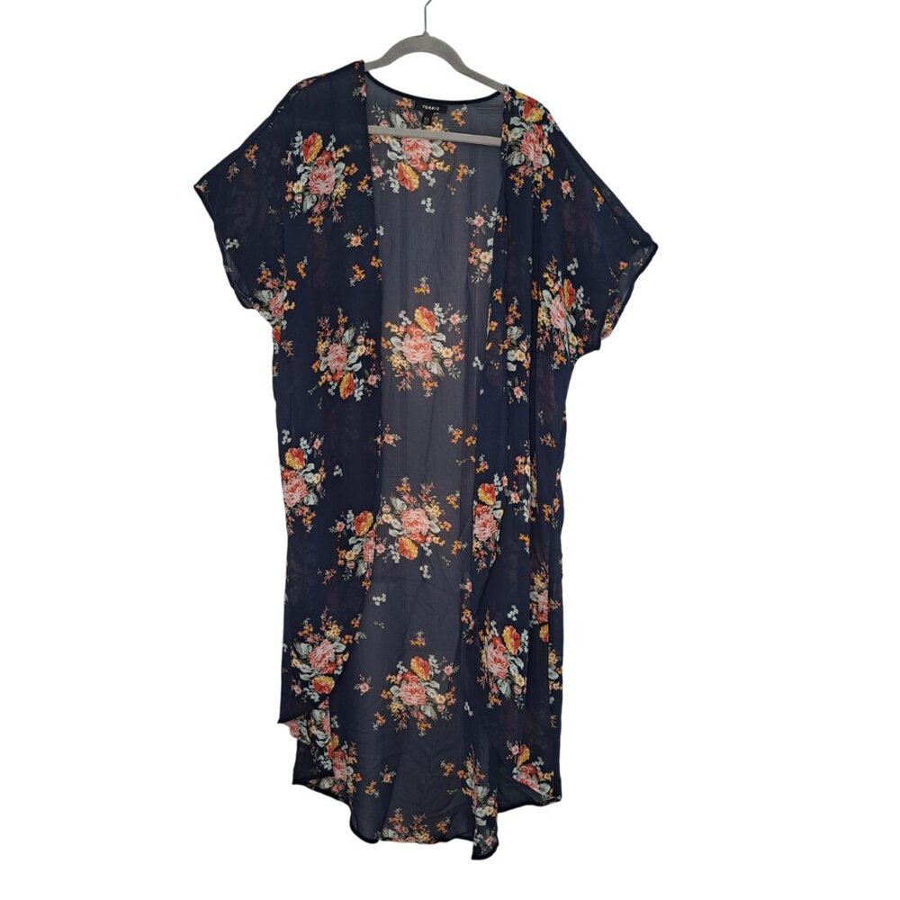 Torrid Navy Blue Sheer Floral Short Sleeved Open Front Kimono Plus Size 1/2